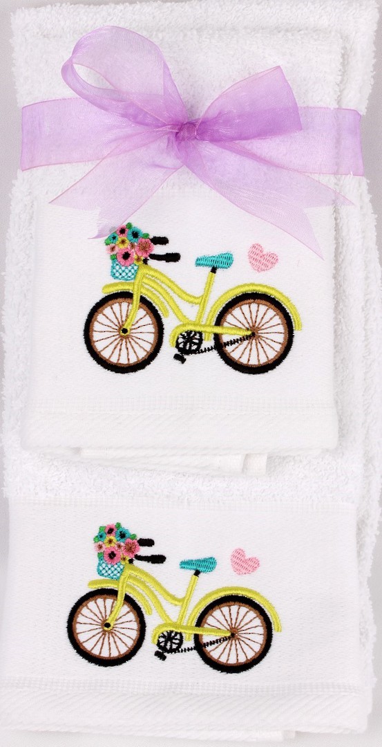 Matching Embroidered Handtowel and facecloth gift set- bicycle Code: FH-BIC image 0